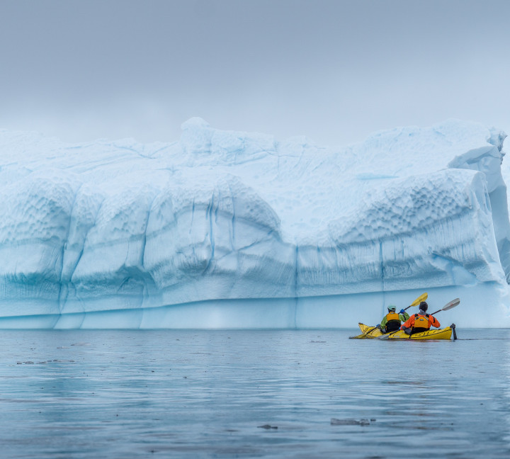 Two guests kayaking through frigid waters in Antarctica. A big iceberg can be seen in the background