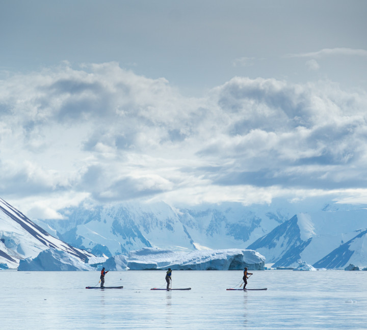 Three guests on their standup paddleboards paddle through calm waters in Antarctica.