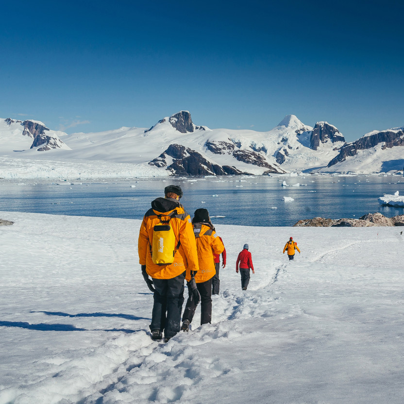 Guests in yellow parkas follow the marked trail at Petermann Island during a sunny day in the Antarctic Peninsula.